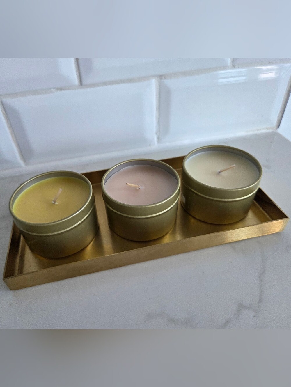 3 Gold Tin Scented Candles Trio With Metallic Tray